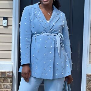 Boohoo Light Blue Pearl-Embellished Pantsuit